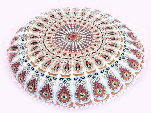 32" Large Pink Manadala Round Pillow Cover, Decorative Mandala Pillow Sham, Indian Bohemian Ottoman Poufs, Pom Pom