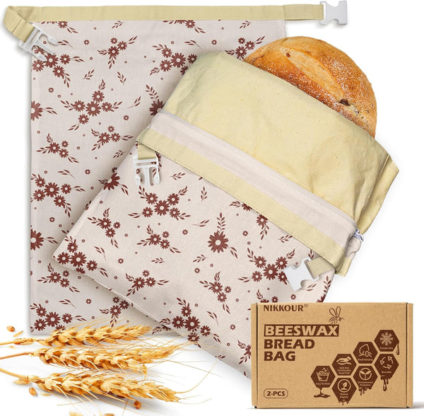 NIKKOUR Large Linen Beeswax Bread Bags(2 Pack) Sourdough Bread Bags Reusable Double-Lock Freezer