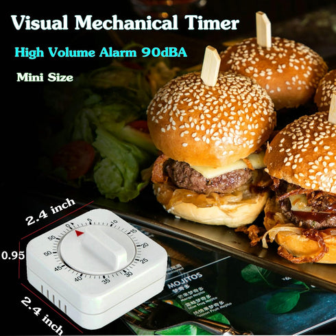 Square 60 Minute Mechanical Kitchen Timer, Visual Cooking Timer with Loud Alarm, Manual Countdown, No Batteries Required