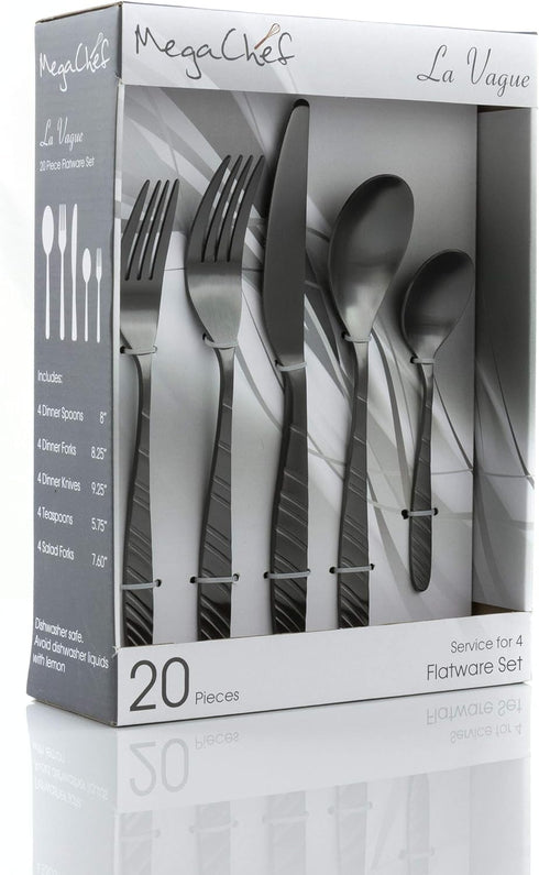 MegaChef La Vague 20 Piece Flatware Utensil Set, Stainless Steel Silverware Metal Service for 4 in Matte Black
