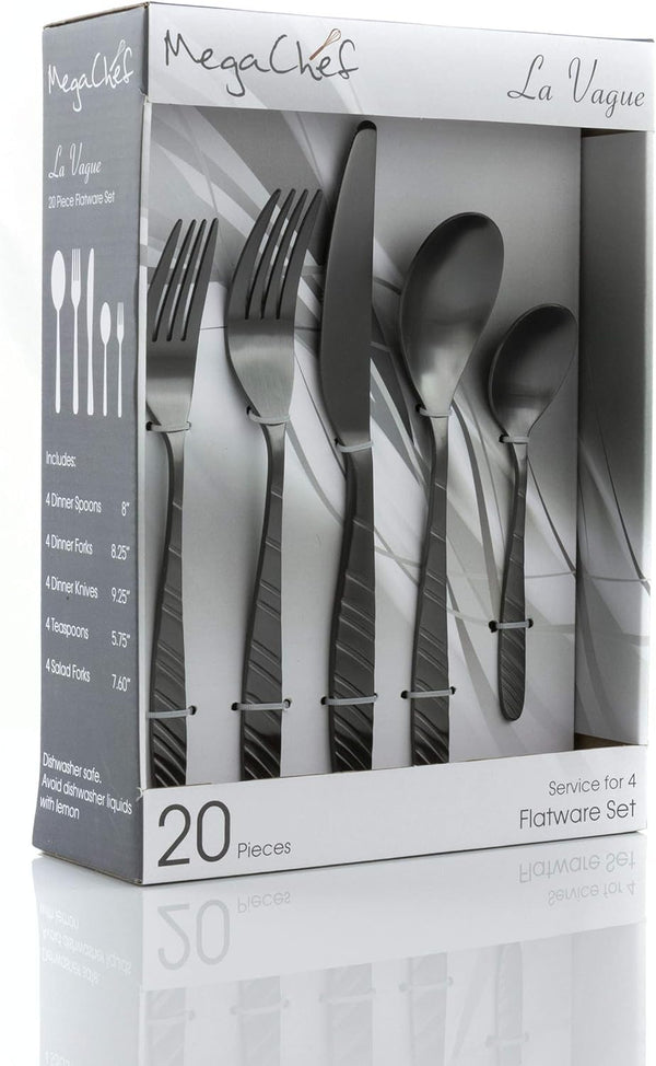 MegaChef La Vague 20 Piece Flatware Utensil Set, Stainless Steel Silverware Metal Service for 4 in Matte Black