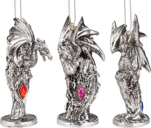Design Toscano 3 Dragons of The Amesbury Holiday Gemstone Ornament Set, Silver, Christmas