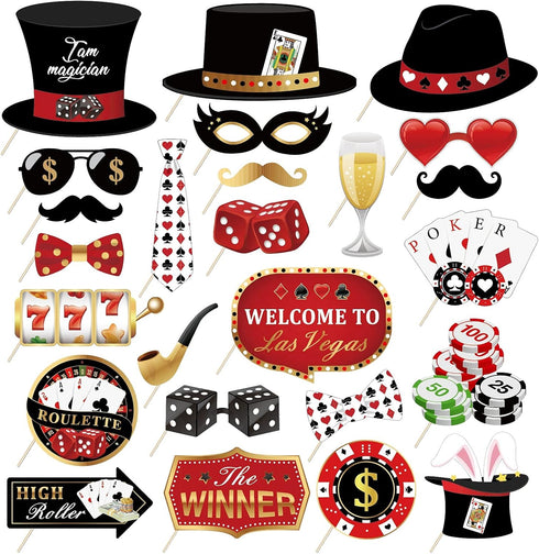 25Pcs Casino Photo Booth Props with Stick, Las Vegas Theme Selfie Props for Poker Night Birthday Party Supplies