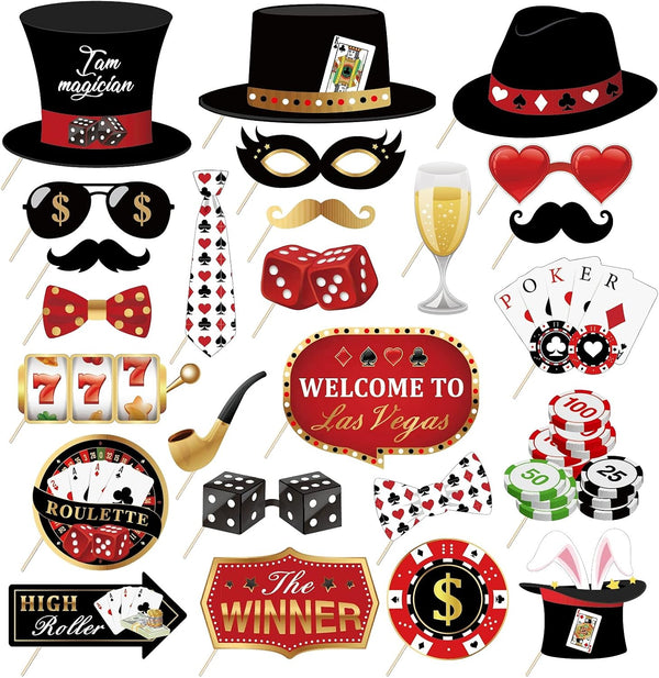 25Pcs Casino Photo Booth Props with Stick, Las Vegas Theme Selfie Props for Poker Night Birthday Party Supplies
