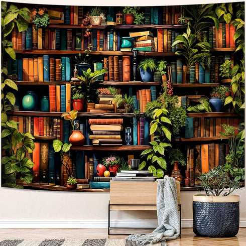 Accnicc 80 60 inch Botanical Bookshelf Tapestry Lush Green Plant Book Shelf Tapestries Wall Hanging Art Vintage Retro