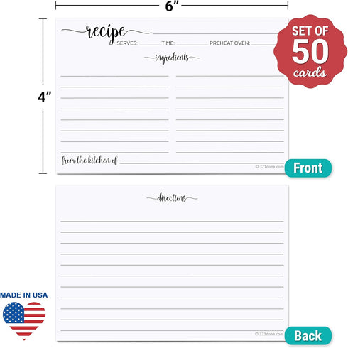 321Done Recipe Cards, Set of 50, 4x6, Double-Sided Premium for Weddings, Made in USA