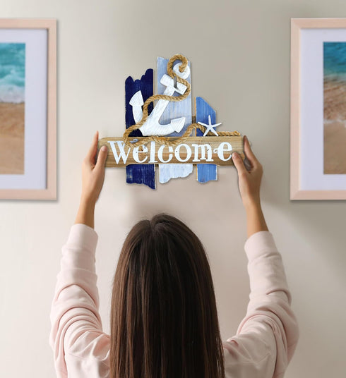 CoTa Global Atlantic Anchor Welcome Nautical Decor Sign - Beach Decor for Wall, White and Blue Starfish