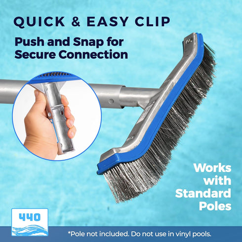 440 18-inch Heavy Duty Pool Brush - Extra-Wide Metal Brush Head with Stainless Steel Wire Bristles & Curved Edges