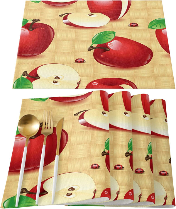 Greeeen Placemats Set of 6, Red Apples Place Mats for Dining Table, Washable Cotton Linen