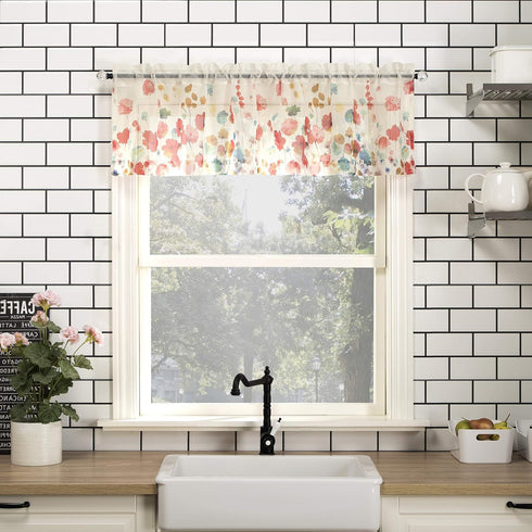 No. 918 Rosalind Watercolor Floral Semi-Sheer Kitchen Curtain Valance and Tiers Set, 54" x 24", Poppy Red