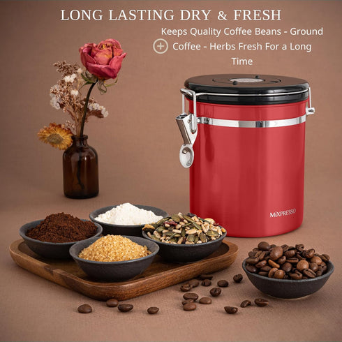 Mixpresso 16 Oz Red Coffee Canister, Stainless Steel Airtight Container with Date Tracker, Vacuum Sealed