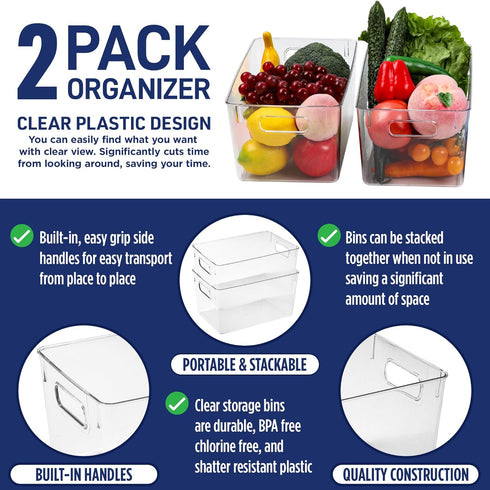 Multi-purpose Refrigerator Bins, 2 Pieces Large Capacity Stackable Fridge Bin Organizer with Easy Grip Handles