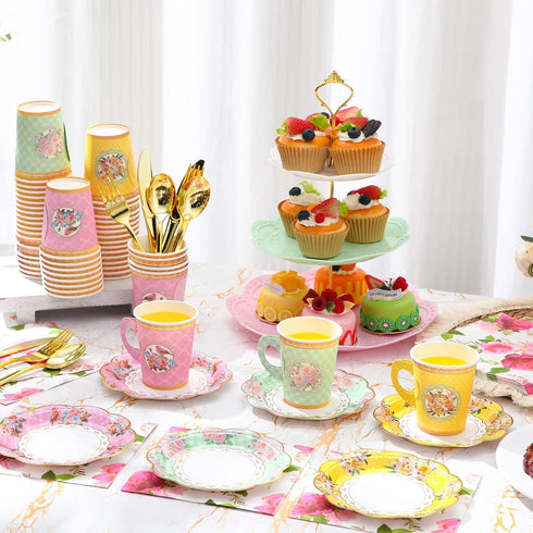 83 Set 3-Tier 12 Layhit Pcs Floral Tea Party for Girls Disposable Vintage Tableware with Cake Stand, Serves Paper Cups