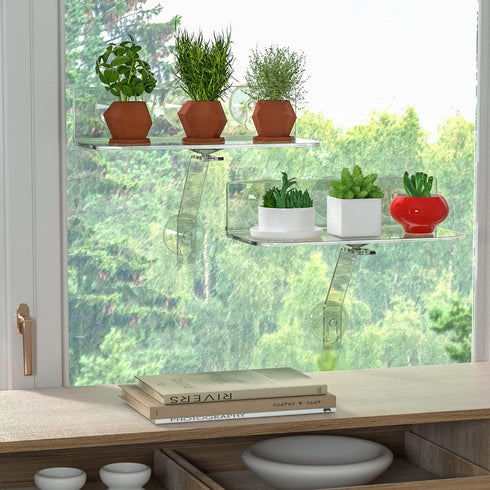 12 Inch Toiletries(2 Pack) Clear Acrylic Windows Plant Shelves, Window Plant Stand with Legs, No Need Drilling Indoor