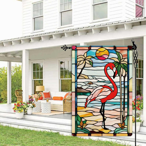 Welcome Summer Garden Flag Spring Summer Flamingo Garden Flag Stained Glass Style Vertical Double Sided Rustic Farmland Burlap Yard Lawn Outdoor Decor 12.5x18"