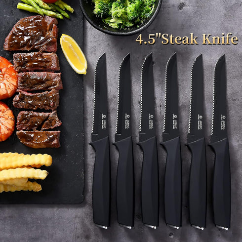 Steak Knives Set of 6, High-Carbon Stainless Steel Serrated Knives, Elegant Black, Dishwasher Safe