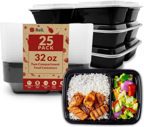 Reli. Meal Prep Containers 32 oz (25 Pack), 2 Compartment Reusable Plastic Containers for Food, Microwave Safe