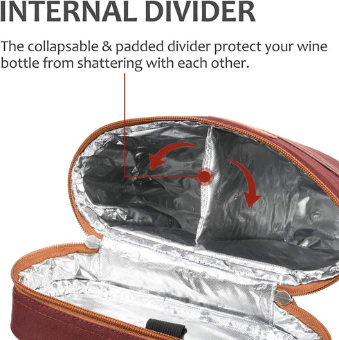 Tirrinia 2 Bottle Insulated Wine Gift Tote Carrier, Padded Cooler Bag for Travel, BYOB, Red