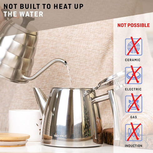 VeoHome (1 (34 oz)) Stainless Steel Tea Pot with Infuser - Keeps Heat Thanks to its Double Wall, Silver Liter