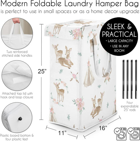 Sweet Jojo Designs Woodland Deer Floral Girl Laundry Hamper Foldable Dirty Clothes Basket with Handles Baby Nursery