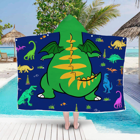 FUTBU 30x50 Dinosaur Hooded Beach Towel for Boys, Soft & Absorbent T-Rex Dinosaur Poncho Towel, Green Blue Bathrobe