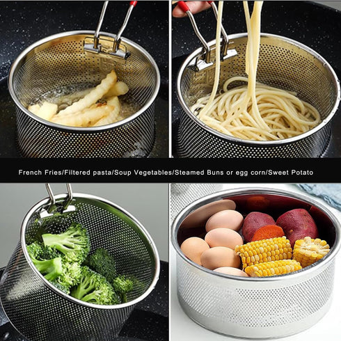 Tenta Kitchen Pasta Strainer, Boiling Blanching Basket, Stainless Steel Fryer Basket with Removable Handle for Cooking