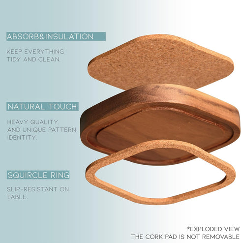 4.13 Inch, Set 6, S1EGAN Acacia Wood Coasters for Drinks, of Squircles Insulation and Absorbent Cork Stackable Cup