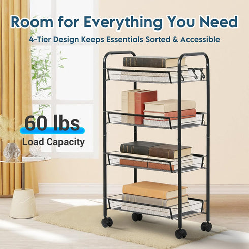 4 LOFTEY Tier Rolling Storage Cart, Small Metal Utility Cart on Wheels, Rolling Organizer Carts for Kitchen, Bathroom