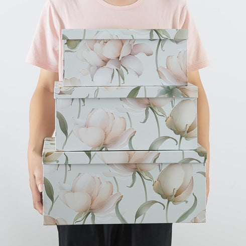 Set of 3 Soul & Lane Decorative Cardboard Storage Boxes - Peonies Paradise, Floral Nesting Boxes with Lids