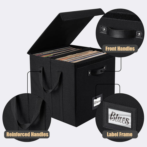 Vinyl Record Storage Box, 13 Inch Linen Fabric Case for LP Album Storage, Stackable & Collapsible for 120+ Records