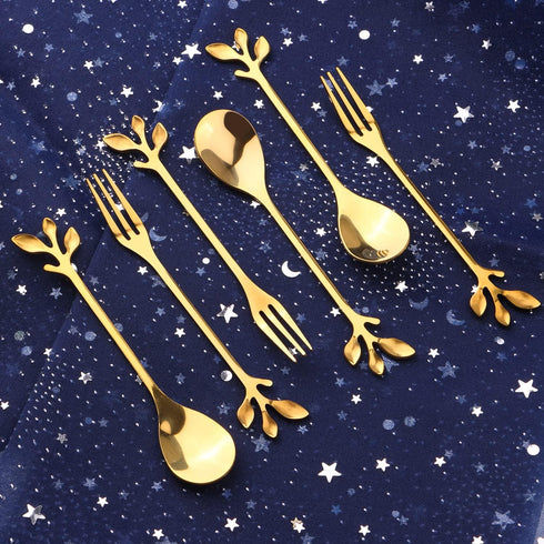 12pcs Stainless Steel Gold Leaf Coffee Spoon and Cake Forks, Kitchen Accessory for Wedding Party, Dessert, Salad,