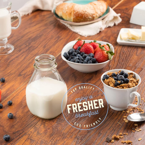 16 Oz 16 Pack 2 kitchentoolz Glass Milk Bottle with Lid - Ounce Short and Wide Glass Milk Container for Refrigerator