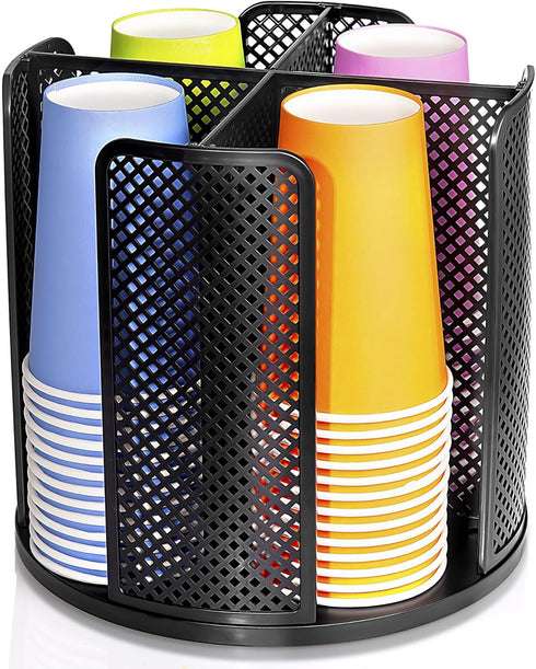 Rotating Paper Cup Dispenser, 4 Compartments, Removable Plastic Cup Storage & Lid Holder for Countertops