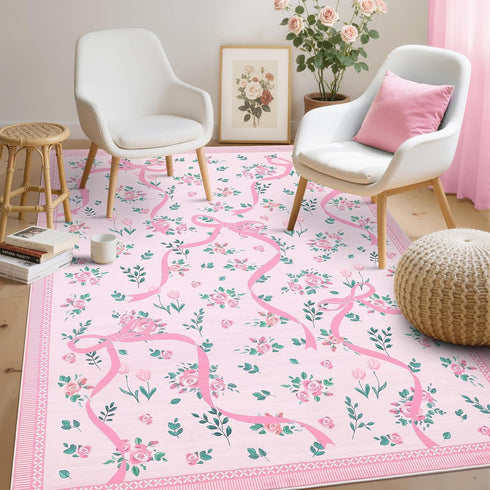 4x6 GarveeHome Coquette Pink Bow Rugs for Bedroom Girls, Rug for Living Room with Soft Low Pile, Floral Washable Area