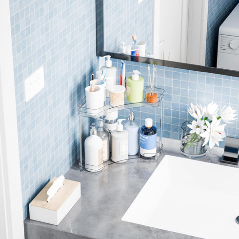Yieach 2 Counter Countertop,Two Tier Corner Bathroom Organizer,Clear Sink Shelf,Bathroom Corner Organizer and Storage