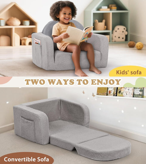 Foryoomi 2-in-1 Kids Couch, Soft Toddler Couch Fold Out with Blanket, Comfy Toddler Chair, Convertible Sofa, Gifts