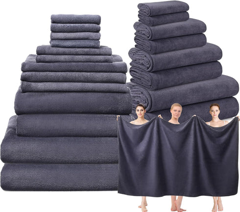 Mixweer 24 Piece Dark Grey Microfiber Absorbent Towel Set: 2 Oversized Bath