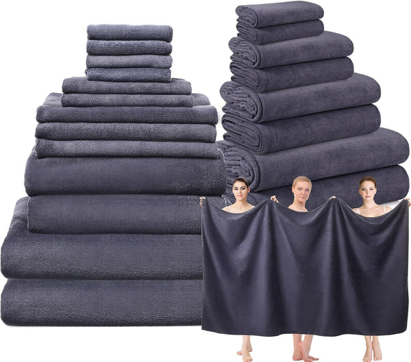 Mixweer 24 Piece Dark Grey Microfiber Absorbent Towel Set: 2 Oversized Bath