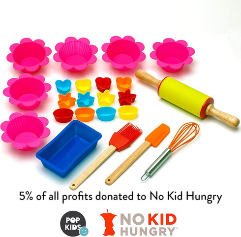 Pop Kids 30-Piece Set Pop Kid's Real Baking Tools For Kids Sized Cooking Bakeware with Silicone Cupcake Molds, Spatula