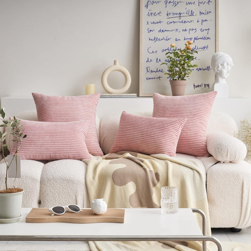 Demetex 18x18 Pink Striped Corduroy Pillow Covers, Decorative Square Throw Pillowcases, Set of 2, Light Pink