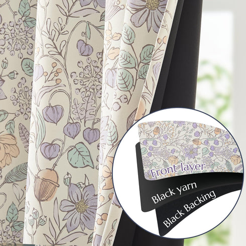 jinchan 95% 63 Inch Grommet Set 2 Nursery Curtains Blackout Purple Floral Curtains for Girls Room, Length Farmhouse