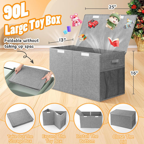 25"x13"x16", Rocamdo Large Toy Storage Box with Lid Divider, Sturdy Collapsible Toys Organizer Chest Kids Storage Bins