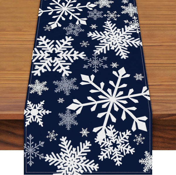 72 x 13 Inch Christmas Table Runner, Navy Blue with White Snowflake