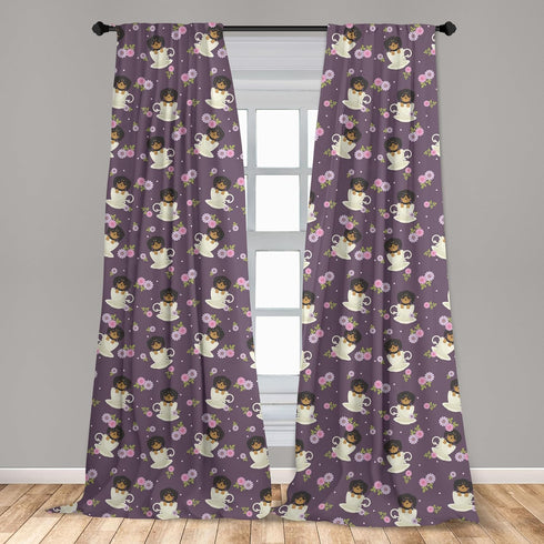 Ambesonne Tea Party Window Curtains, Dachshund Dogs in Cups and Wildflowers Graphic, 2-Panel Set, 28" x 95"