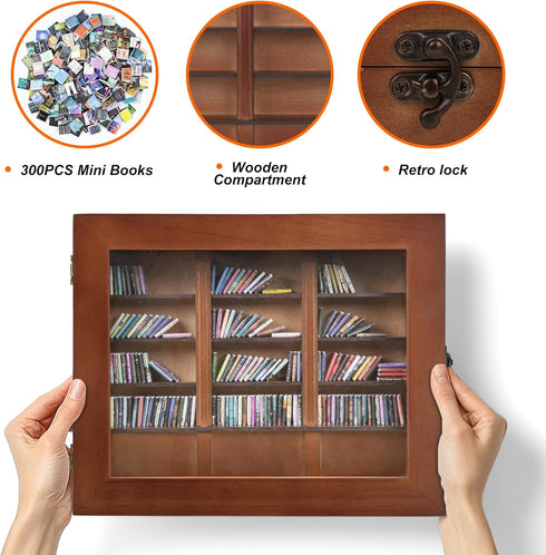 DIIWOODX 300PCS Anxiety Mini Bookshelf Mini Books with Mini Bookshelf Shake Away Your Anxiety Wooden Miniature Book
