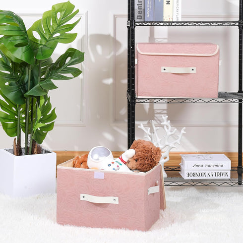 ANMINY Fabric Storage Bin with Lid, Rose Print Basket with PU Leather Handles, Pink, Large