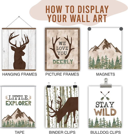 6 Hadley Designs Woodland Nursery Wall Decor - Reversible Unframed Baby Boy Nursery Decor, Hunting Decors for Boys