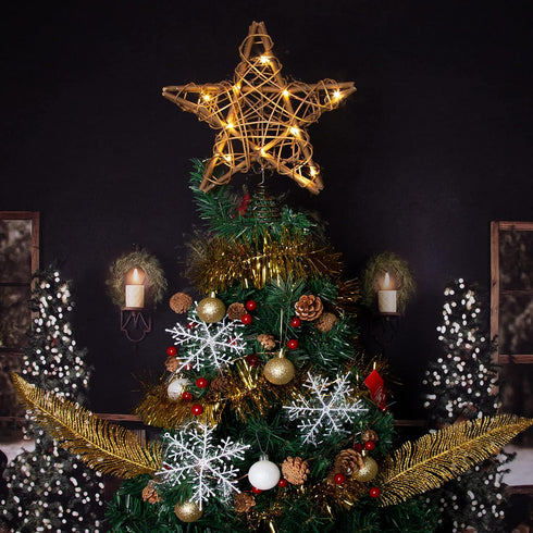 LAWOHO 10-inch Rustic Brown Rattan Christmas Tree Topper Star with 10 Warm White Lights and Timer Functions