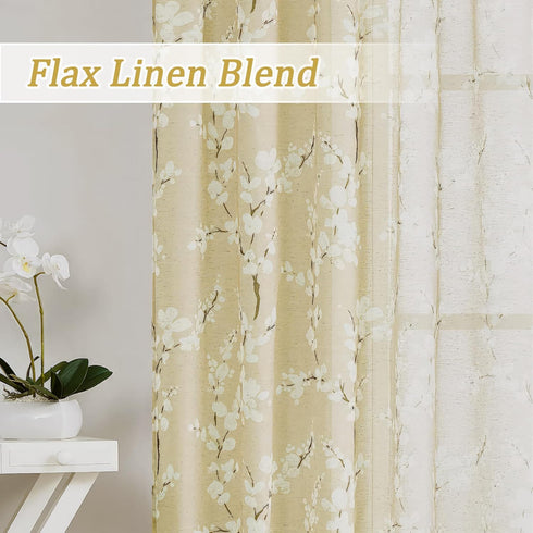 FMFUNCTEX Linen Sheer Curtains, 84 Inches Long, Cream Blossom Floral Print, Light Filtering Linen Blend, 2 Panels