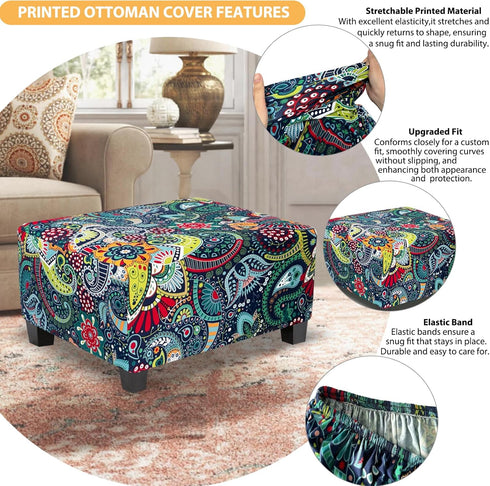 Ottoman Cover Rectangle Printed,Stretch Slipcover for Rectangular Footstool,Soft Fabric with Non-Slip Elastic